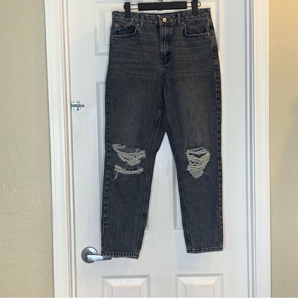 Topshop Mom Jeans Size 30 Charcoal Black Color Busted Knees
